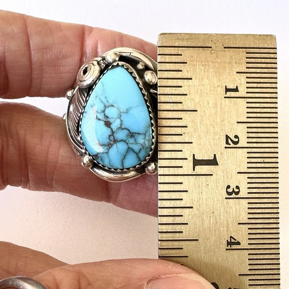 Navajo Mens Ring Sz 13 Turquoise Leaf Feather Signed D Morgan Sterling Native